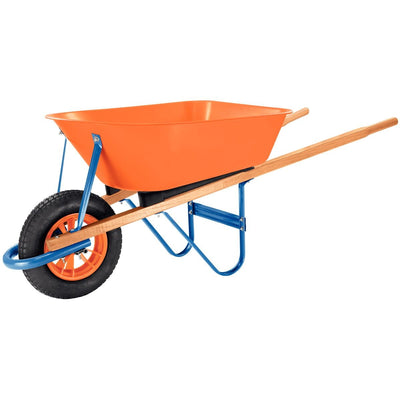 Carrinho de Mão Tramontina com Caçamba Funda Plástica Laranja 55 L, Braço de Madeira e Pneu com Câmara