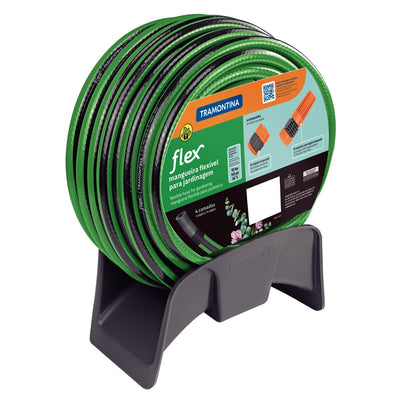 Mangueira Flex para Jardim Tramontina Verde com Faixa Preta em PVC 4 Camadas 25 m com Engate Rosqueado, Esguicho e Suporte